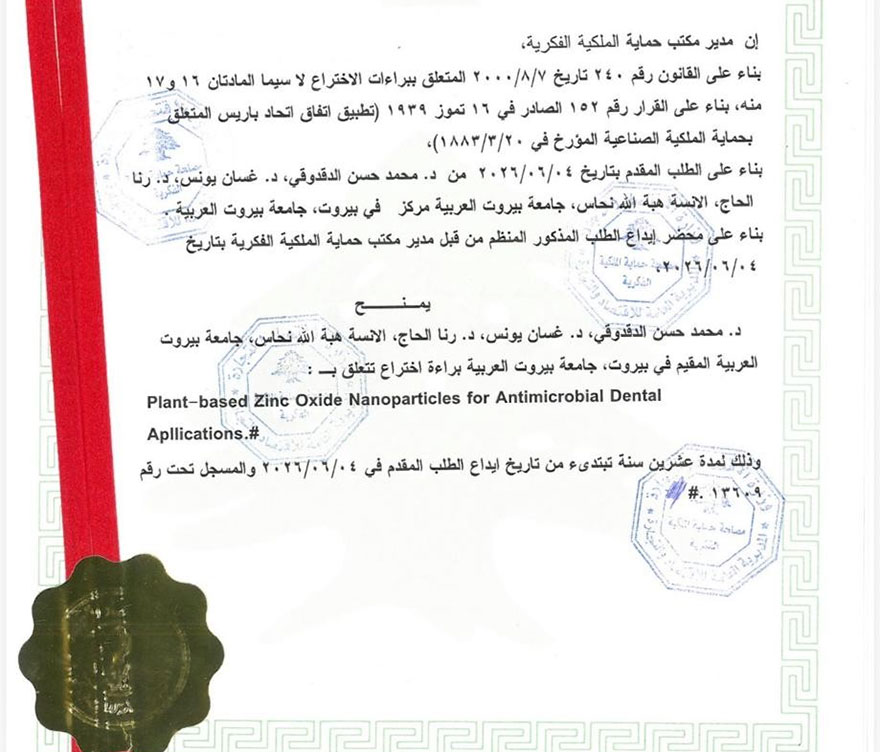 Research Innovation at Beirut Arab University Granted Patent in Dentistry